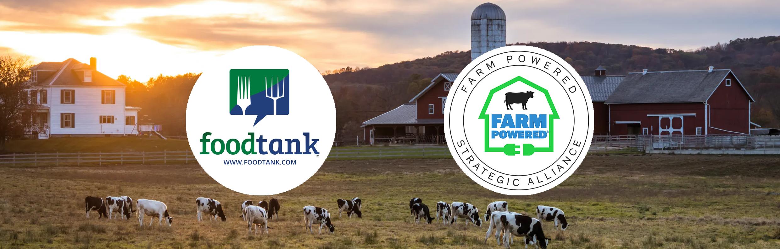 Logos of Food Tank and Farm Powered Strategic Alliance, with a background image of a farm using anaerobic digestion