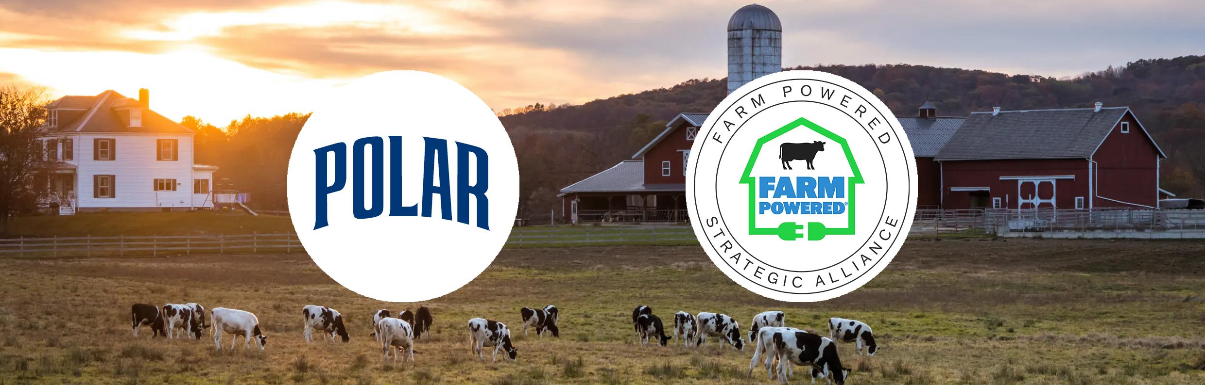 Logos of Polar and Farm Powered Strategic Alliance, with a background image of a farm using anaerobic digestion